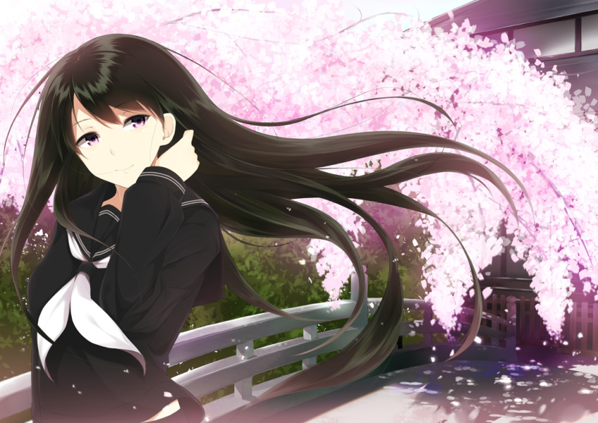 1girl animetta black_hair cherry_blossoms flower long_hair original petals school_uniform smile solo violet_eyes