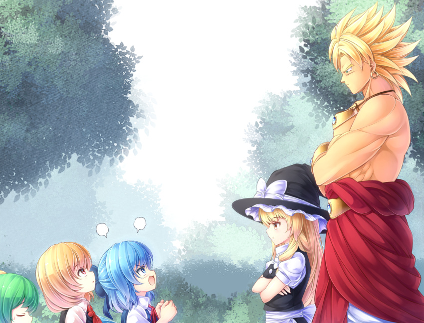 1boy 4girls blonde_hair blue_eyes blue_hair bow bracelet broly brown_eyes chintara cirno crossover daiyousei dragon_ball dragon_ball_z earrings green_eyes green_hair hair_bow hair_ribbon hat jewelry kirisame_marisa long_hair male multiple_girls muscle necklace open_mouth puffy_sleeves ribbon rumia short_hair short_sleeves sky spiky_hair super_saiyan touhou tree vest witch witch_hat