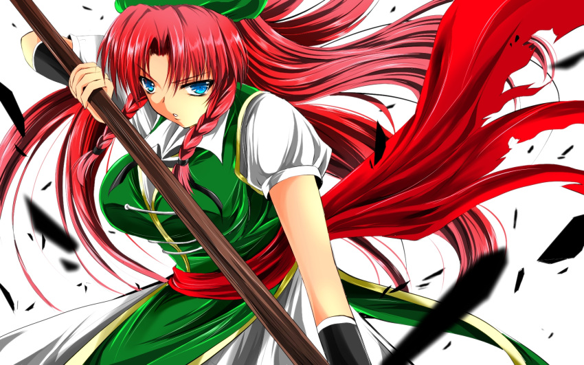 1girl beret blue_eyes bow braid breasts china_dress chinese_clothes hair_bow hat highres hong_meiling large_breasts long_hair nekominase open_mouth polearm redhead solo spear touhou twin_braids very_long_hair weapon wristband