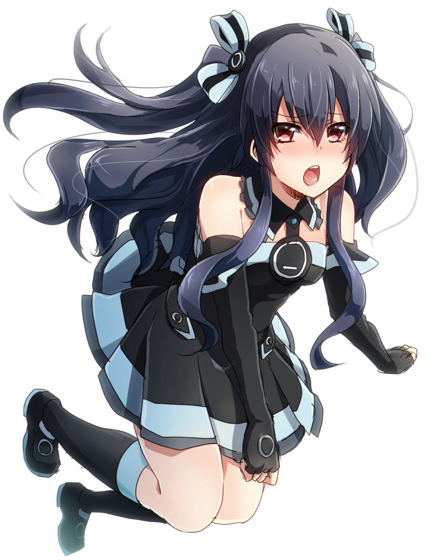 1girl bare_shoulders black_hair bow choujigen_game_neptune choujigen_game_neptune_mk2 hair_bow hair_ornament highres kirito_(tundereyuina) long_hair looking_at_viewer open_mouth red_eyes solo uni_(choujigen_game_neptune) white_background