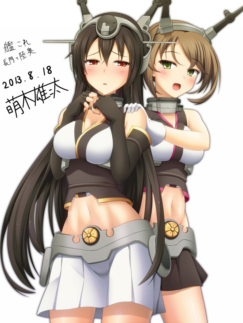 2girls bare_shoulders black_hair brown_hair elbow_gloves gloves green_eyes highres kantai_collection long_hair midriff multiple_girls mutsu_(kantai_collection) nagato_(kantai_collection) navel personification red_eyes short_hair yujin-yujin