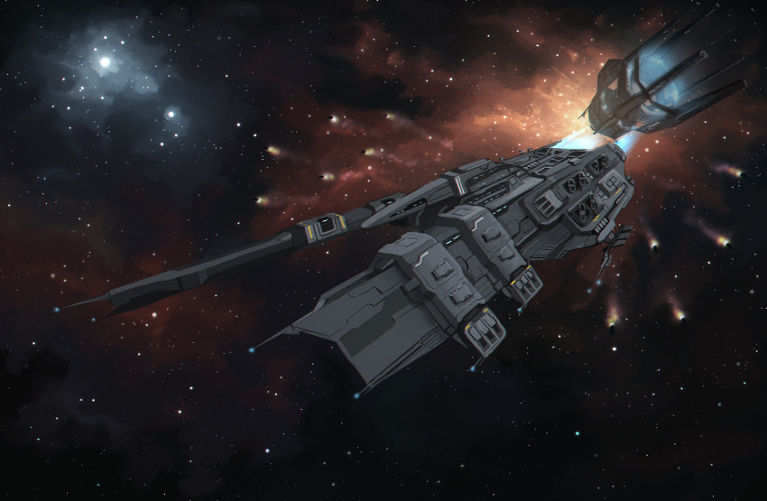 asim0s battlecruiser_(eve_online) caldari_state_(eve_online) combat_ship_(eve_online) commentary commission drake_(eve_online) eve_online flying glowing highres kaalakiota_corporation_(eve_online) military_vehicle missile missile_pod missile_trail nebula no_humans outdoors science_fiction smoke smoke_trail space space_station spacecraft star_(sky) stargate_(eve_online) starry_sky_background support_ship_(eve_online) vehicle_focus