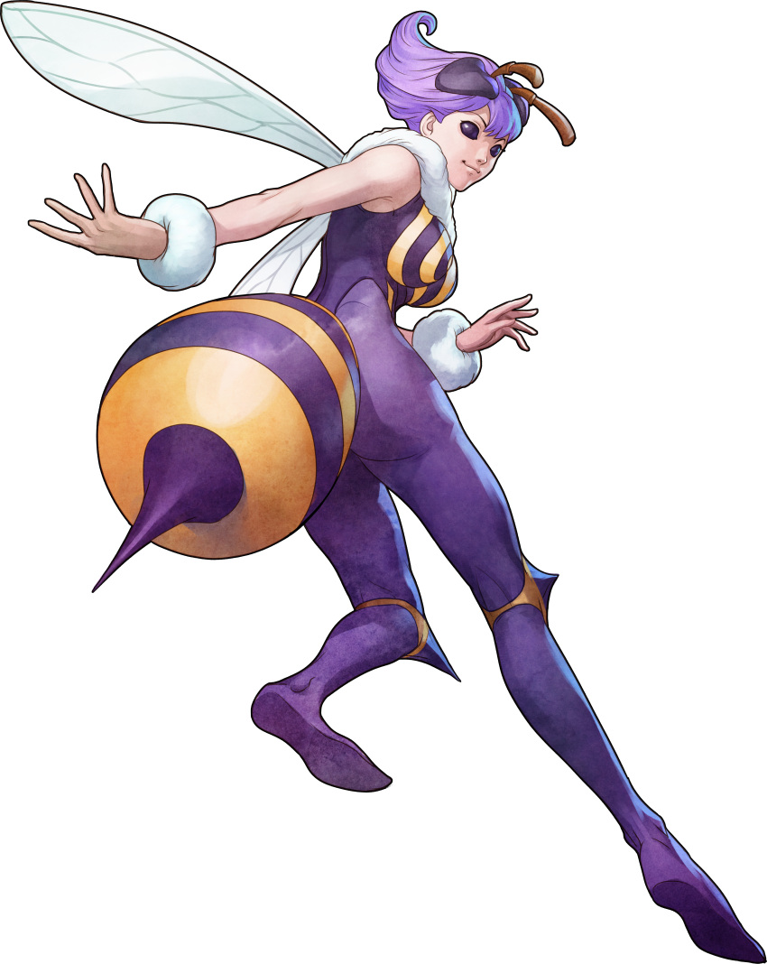 1girl absurdres antennae bee_girl from_behind highres huge_filesize insect_girl monster_girl official_art purple_hair q-bee short_hair solo stanley_lau transparent_background vampire_(game) violet_eyes wings