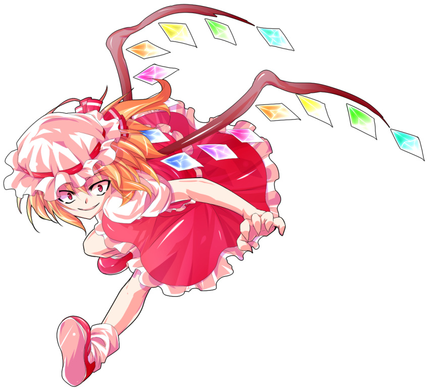 1girl blonde_hair dairi dress flandre_scarlet hat naughty_face red_eyes short_hair side_ponytail smile solo touhou transparent_background wings