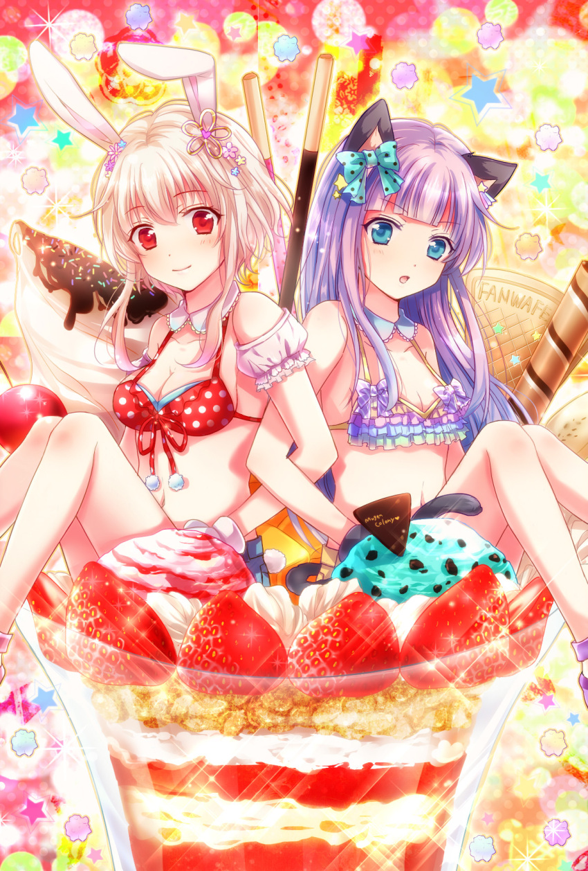 2girls animal_ears bikini blonde_hair blue_eyes bow breasts bunny_tail candy cat_ears cat_tail cleavage collarbone food frilled_bikini frills fruit hair_bow hair_ornament highres ice_cream in_food konpeitou locked_arms long_hair looking_at_viewer minigirl miyoshi_(m178) multiple_girls navel open_mouth original pocky polka_dot polka_dot_bikini polka_dot_swimsuit purple_bikini purple_hair rabbit_ears red_bikini red_eyes short_hair sitting smile star strawberry sundae swimsuit tail very_long_hair waffle whipped_cream