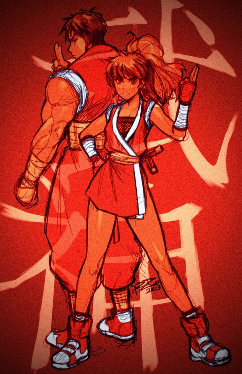 1boy 1girl back-to-back bare_legs final_fight fingerless_gloves fishnets frown gai_(final_fight) genryuusai_maki gloves highres muscle ninja robaato shoes sneakers tonfa weapon