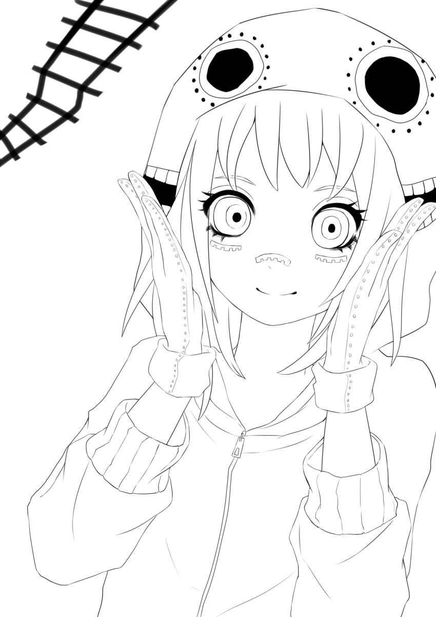 1girl gloves gumi highres lineart looking_at_viewer matryoshka_(vocaloid) monochrome smile solo vocaloid wakatsuki_you