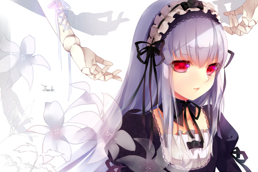 1girl doll_joints flower lips long_hair red_eyes rozen_maiden silver_hair solo suigintou tukino_(panna)