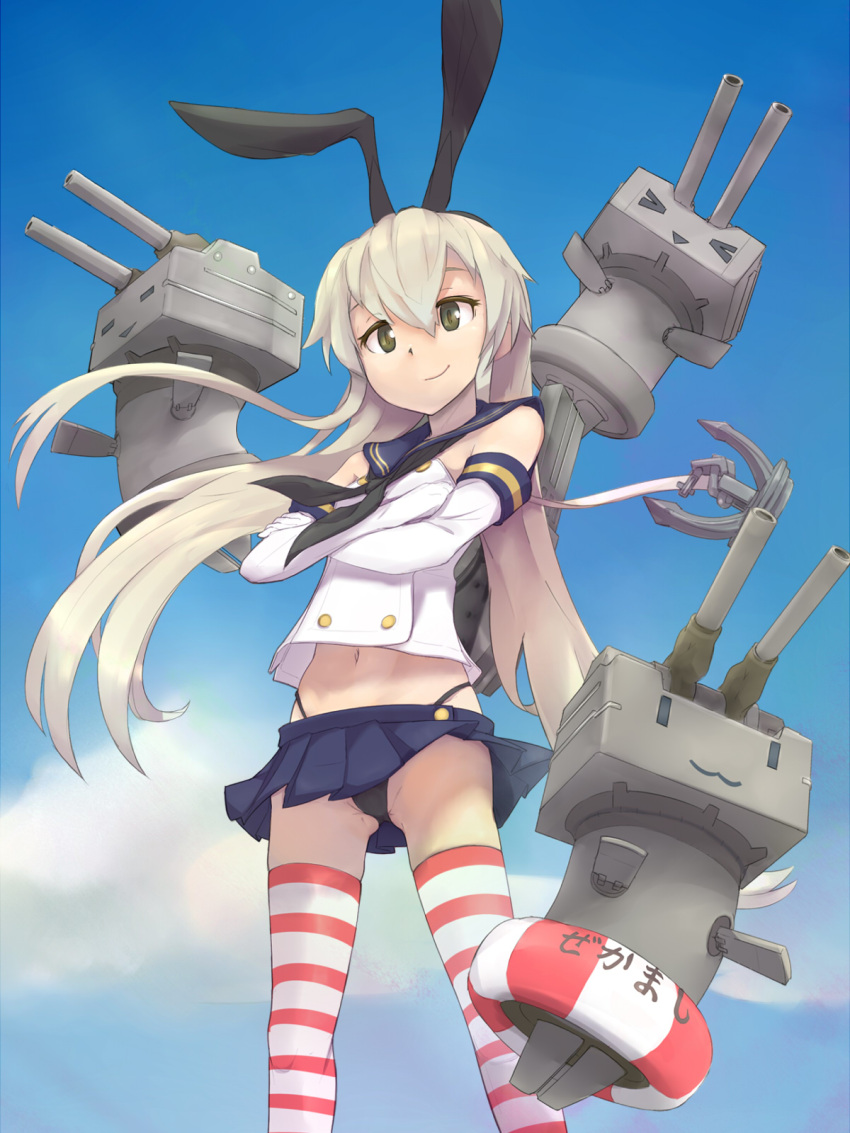 1girl anchor black_panties clouds cloudy_sky crossed_arms elbow_gloves gloves green_eyes highres kantai_collection looking_at_viewer nanjin navel panties personification rensouhou-chan shimakaze_(kantai_collection) skirt sky smile solo striped striped_legwear thighhighs underwear
