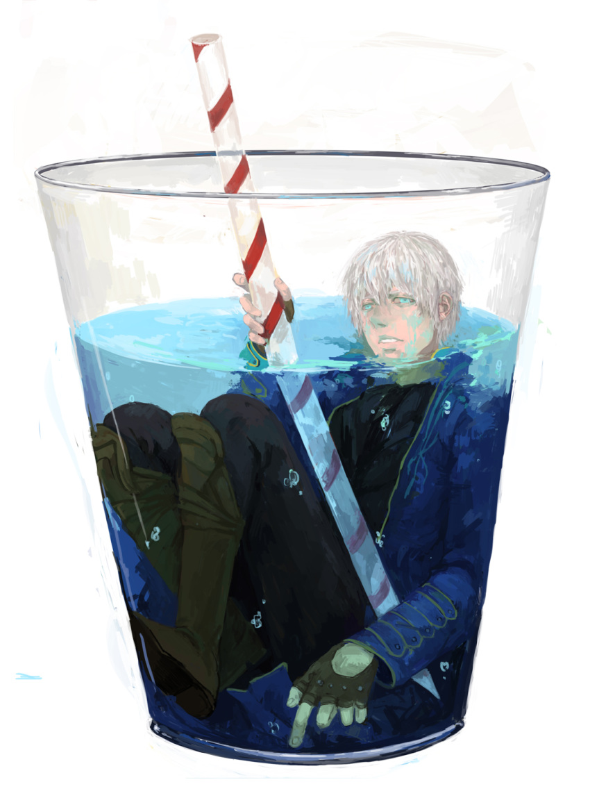 1boy blue_eyes blue_jacket boots corss_d cup devil_may_cry highres jacket katana solo straw sword vergil water weapon white_hair
