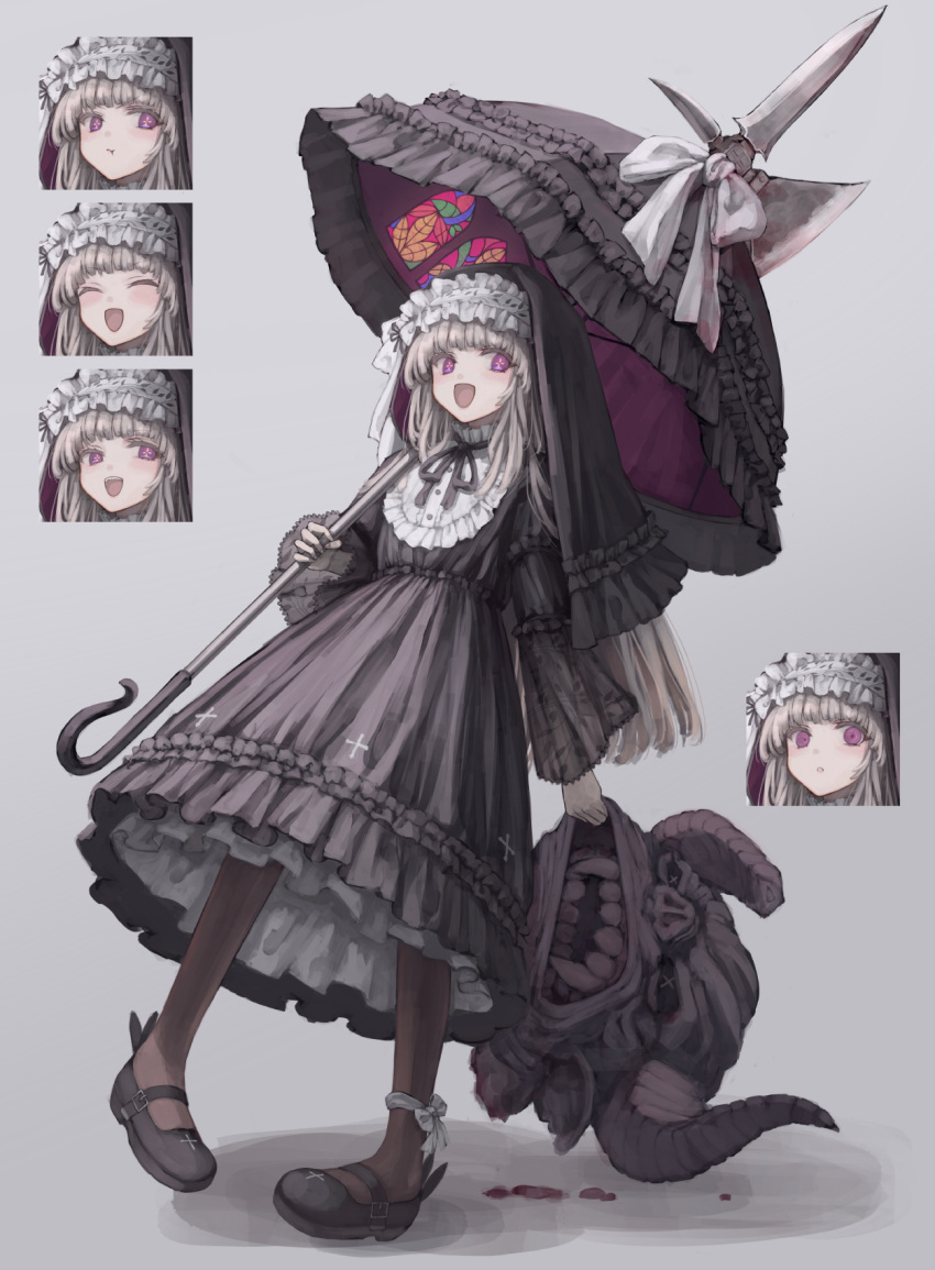 1girl axe black_dress black_footwear black_ribbon black_umbrella bleeding blood blood_on_weapon blush bow broken_horn closed_eyes closed_mouth cross dress expressions eyelashes fangs floral_print frilled_dress frills grey_background grey_hair hand_in_mouth highres holding holding_axe holding_head holding_polearm holding_umbrella holding_weapon horns long_eyelashes long_hair long_sleeves monster nun open_mouth original osabachan over_shoulder parted_lips polearm pout ribbon severed_head smile solo spear stained_glass surprised symbol-shaped_pupils teeth umbrella upper_teeth violet_eyes weapon weapon_over_shoulder white_bow wide_sleeves x_x