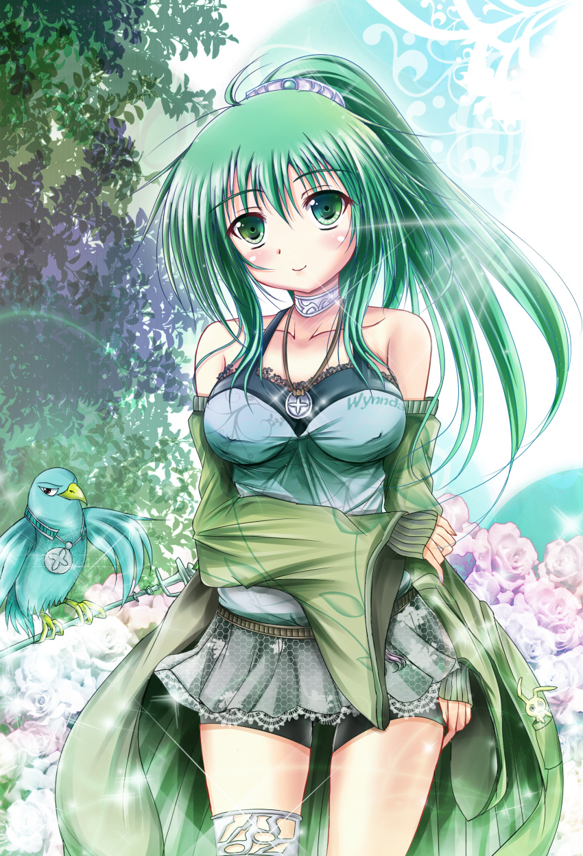 1girl bird choker duel_angel duel_monster flower green_eyes green_hair highres jewelry long_hair looking_at_viewer necklace robe smile solo tree winda_priestess_of_gusto yuu-gi-ou