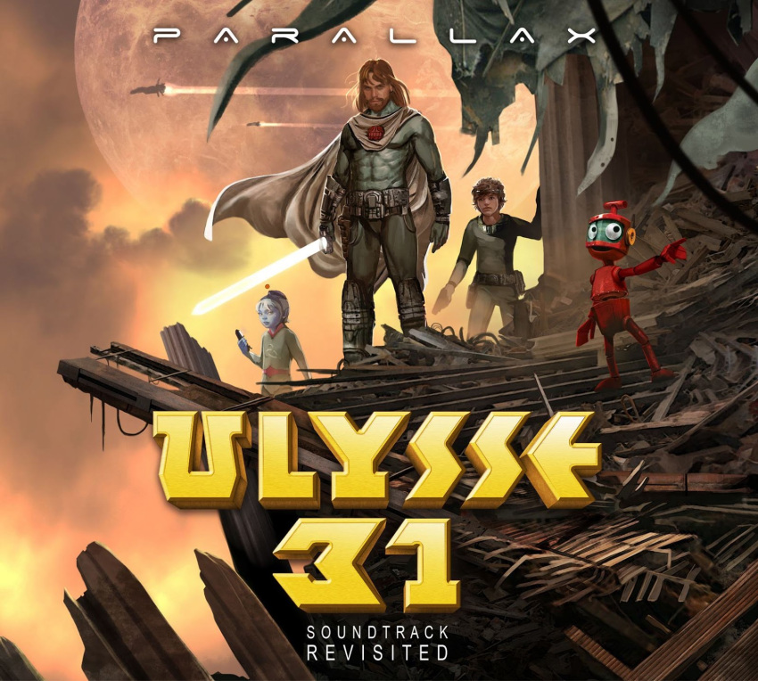 1girl 2boys alien beard blonde_hair boxart brown_hair cape child clouds dusk energy_gun energy_sword epic facial_hair greek_mythology gun handgun headgear highres long_hair manly moon multiple_boys nono_(ulysses_31) ray_gun realistic robot ruins science_fiction soundtrack space_craft sword telemachus_(ulysses_31) temple ulysses_(ulysses_31) ulysses_31 uniform weapon yumi_(ulysses_31)