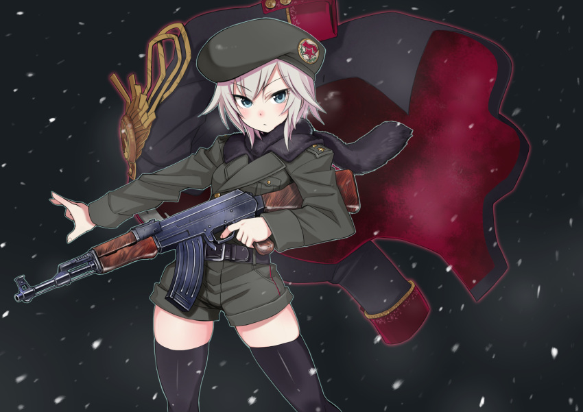 1girl ak-47 anastasia_(idolmaster) assault_rifle black_legwear blue_eyes blush coat gun hat highres idolmaster idolmaster_cinderella_girls looking_at_viewer military military_uniform nada_haruka rifle scarf short_hair shorts silver_hair solo thighhighs uniform weapon