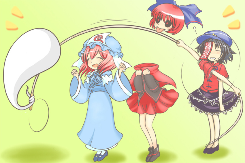 3girls beret black_hair black_sclera blue_dress bow cape closed_eyes dress ghost hair_bow hat jiangshi jump_rope jumping miyako_yoshika multiple_girls ofuda open_mouth pink_hair red_eyes redhead saigyouji_yuyuko sekibanki severed_head shirt short_hair skirt smile tongue tongue_out touhou triangular_headpiece veil yuuma_(pumpkin)