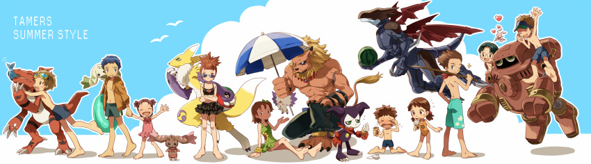 ai_(digimon_tamers) akiyama_ryou belt bikini bikini_skirt blue_eyes blue_hair bow brother_and_sister brown_hair buckle claws clouds crossed_arms crying culumon cyberdramon digimon digimon_tamers earrings eating english everyone facial_mark fish food forehead_mark frills fruit glasses goggles goggles_on_head green_eyes guardromon guilmon heart helmet highres holding_hands hoodie horn horns ice_cream impmon innertube jewelry katou_juri kitagawa_kenta leomon li_jenrya li_shaochung lopmon makino_ruki makoto_(digimon_tamers) marineangemon matsuda_takato monster multiple_boys multiple_girls multiple_wings ponytail purple_hair renamon scarf sharp_teeth shiota_hirokazu short_hair short_twintails siblings side_ponytail sky sunglasses swim_trunks swimsuit tail terriermon torinomaruyaki twintails umbrella violet_eyes visor_cap watermelon wings yin_yang