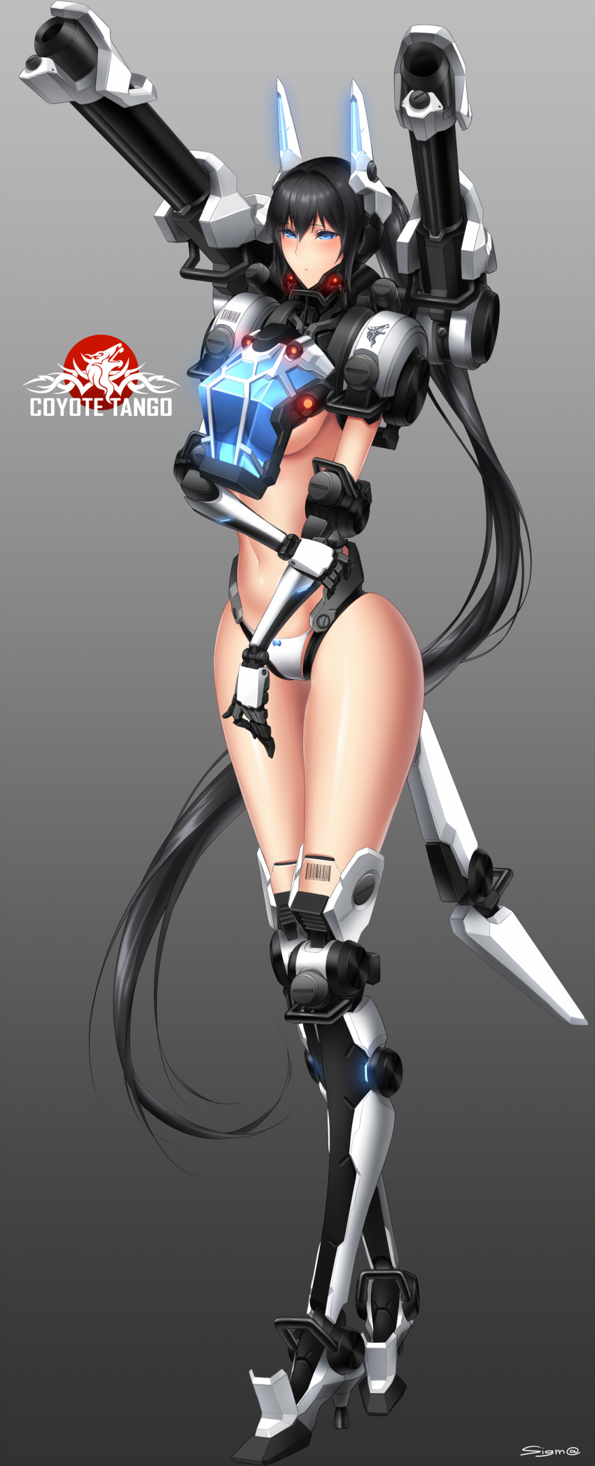 1girl absurdres black_hair blue_eyes blush breasts character_name coyote_tango crest dual_wielding full_body glowing headgear highres long_hair mecha_musume mechanical_arm navel pacific_rim personification ponytail robot_joints shoulder_cannon sideboob sigm@ very_long_hair