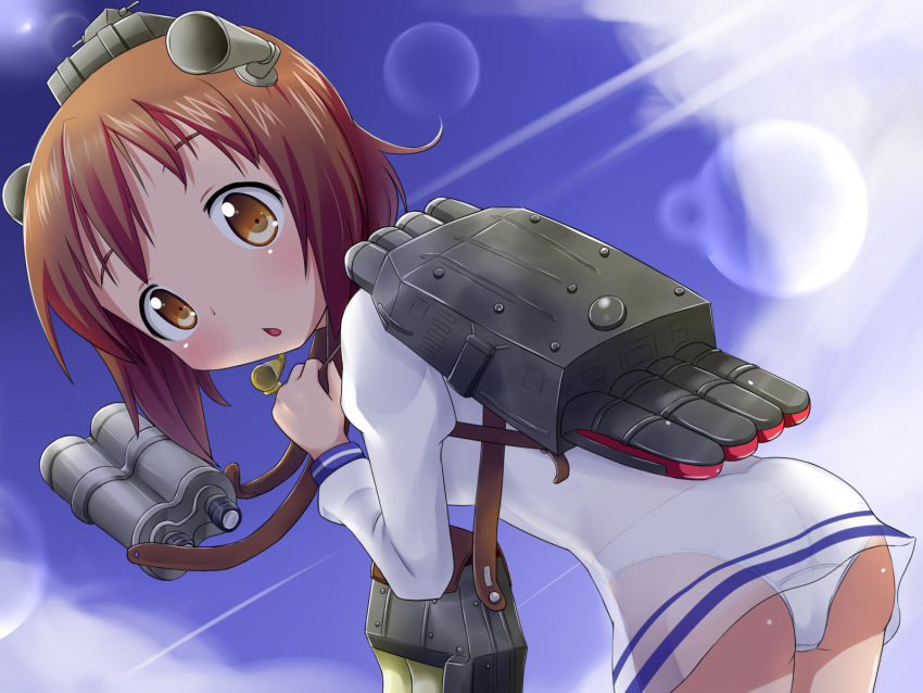 1girl ass backpack bag bent_over binoculars blue_sky brown_eyes brown_hair chestnut_mouth dress highres kantai_collection lens_flare looking_at_viewer looking_back makuran open_mouth panties personification see-through sky solo sun turning underwear white_dress white_panties yukikaze_(kantai_collection)