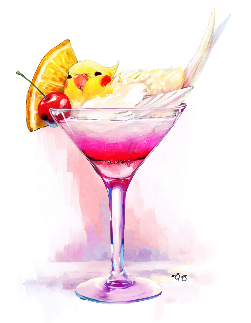 absurdres bird cherry cockatiel cocktail food fruit glass highres no_humans original pun simple_background solo white_background yu_(dryads)