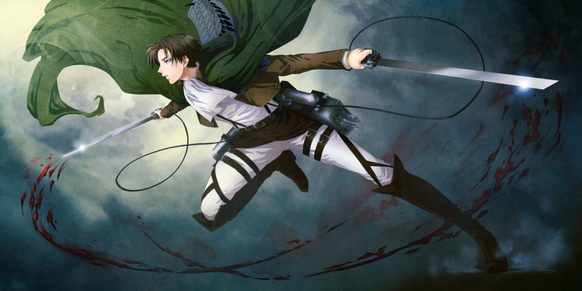 1boy ascot black_hair cape dual_wielding inukoro_(spa) jacket levi_(shingeki_no_kyojin) shingeki_no_kyojin solo sword thigh_strap three-dimensional_maneuver_gear weapon wire