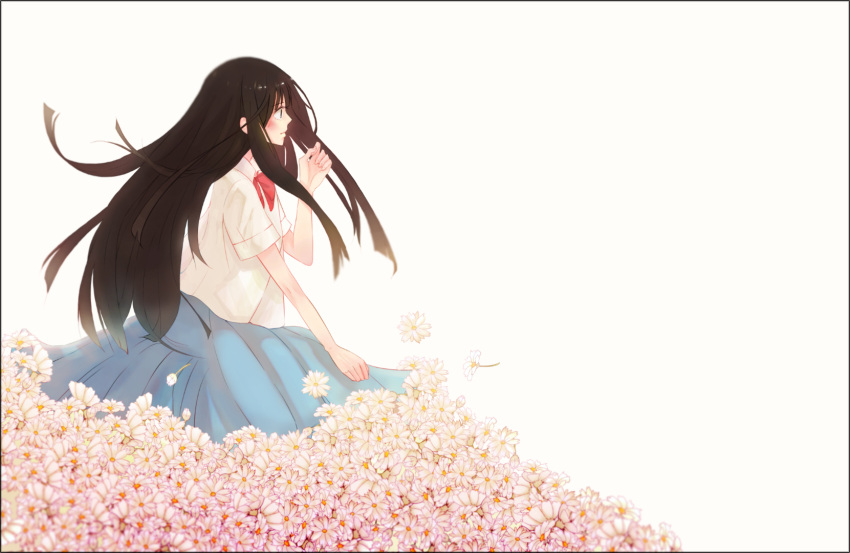 black_hair blush flower highres jianmo_sl kimi_ni_todoke kuronuma_sawako long_hair school_uniform sitting skirt