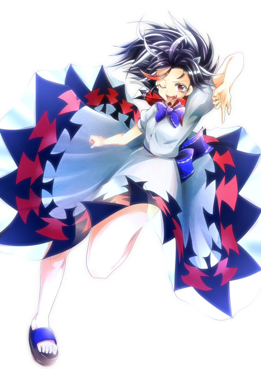 1girl absurdres baba_(pixiv3422465) bad_anatomy black_hair fang highres horns kijin_seija multicolored_hair red_eyes redhead short_hair smile solo tongue tongue_out touhou white_background white_hair