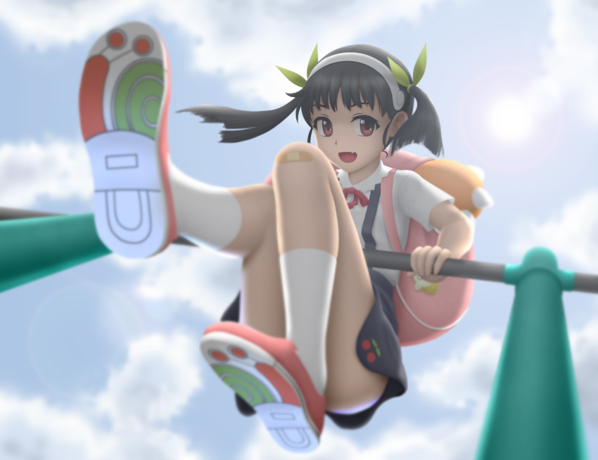 1girl backpack bag bakemonogatari bandaid black_hair blush clouds fang hachikuji_mayoi hairband jungle_gym long_hair looking_at_viewer monogatari_(series) open_mouth red_eyes ribbon school_uniform siraha skirt sky smile solo twintails