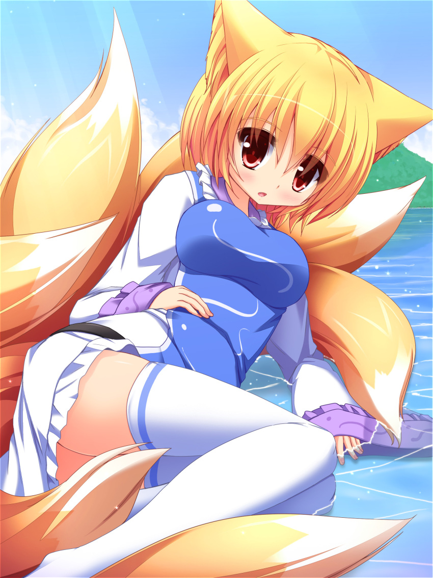 absurdres animal_ears blonde_hair dress fang fox_tail highres liya long_sleeves lying multiple_tails no_hat open_mouth red_eyes short_hair smile solo tabard tail thighhighs touhou water white_legwear wide_sleeves yakumo_ran