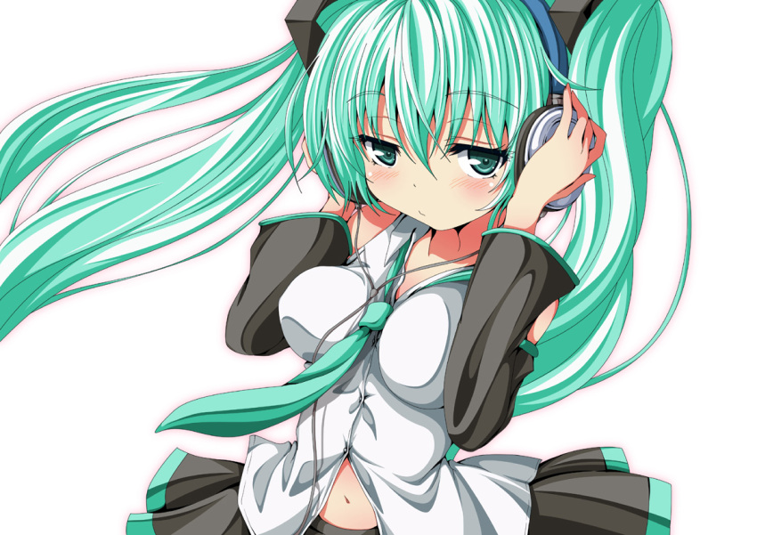 1girl blush detached_sleeves green_eyes green_hair hands_on_headphones hatsune_miku headphones long_hair ma-yu navel necktie skirt solo twintails vocaloid white_background