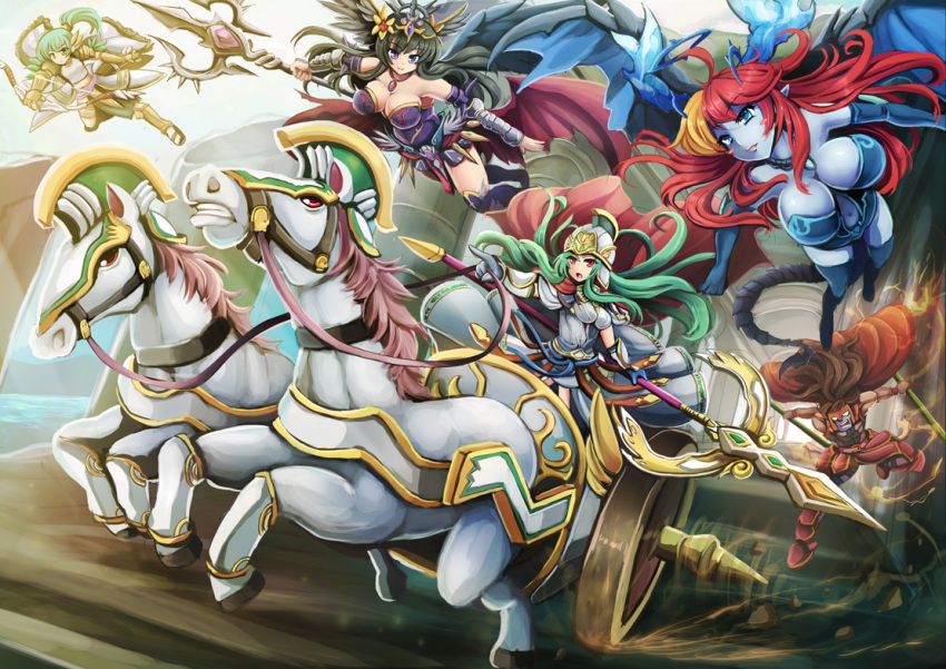 1boy 4girls ares_(p&amp;d) artemis_(p&amp;d) athena_(p&amp;d) bare_shoulders black_hair blue_skin bow_(weapon) breasts brown_hair chariot dual_wielding goushou green_eyes green_hair helmet hera_(p&amp;d) horse large_breasts multiple_girls outstretched_arms persephone_(p&amp;d) polearm ponytail puzzle_&amp;_dragons red_eyes redhead smile spear tiara violet_eyes weapon wings