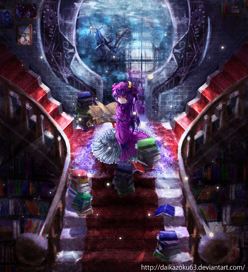 1girl absurdres book bookshelf crescent daikazoku63 dress hat highres kneeling library long_hair looking_back patchouli_knowledge purple_hair shipwreck smile solo stairs sunbeam sunlight touhou violet_eyes water window