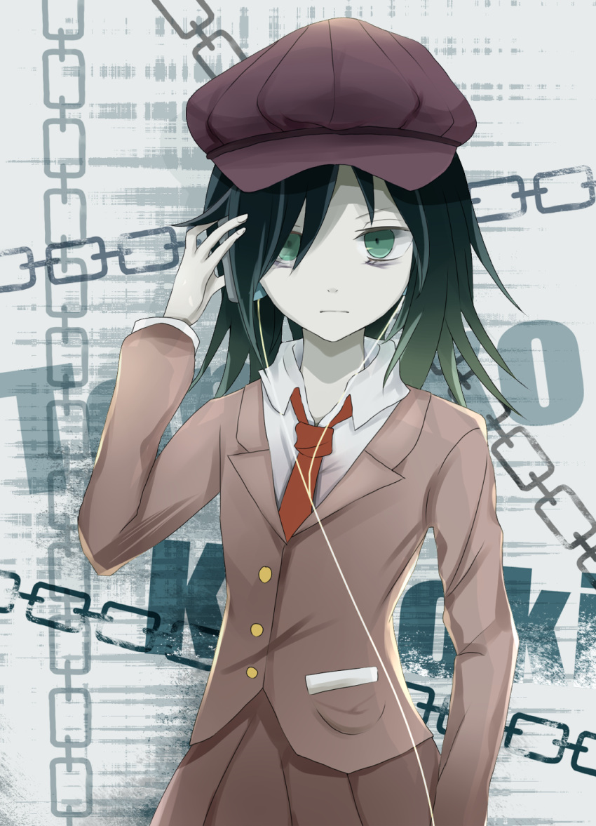 1girl bags_under_eyes beats_by_dr._dre black_hair blazer cabbie_hat cable chain flat_chest green_eyes hat headphones highres kuroki_tomoko long_hair necktie school_uniform skirt solo watashi_ga_motenai_no_wa_dou_kangaetemo_omaera_ga_warui! ⑨neko