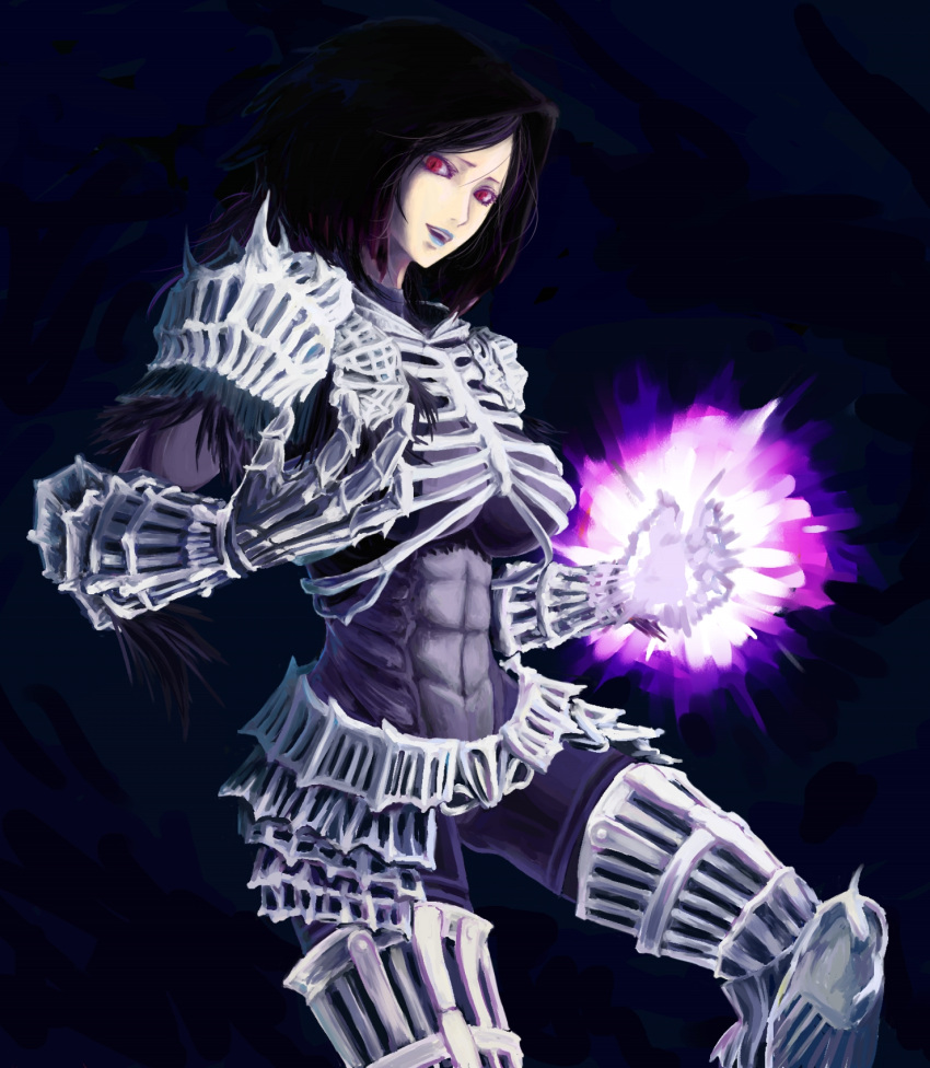 armor artist_request bodysuit breasts dark_background dark_souls darkwraith_(dark_souls) highres large_breasts lipstick long_hair makeup muscle power purple_hair red_eyes skin_tight slit_pupils