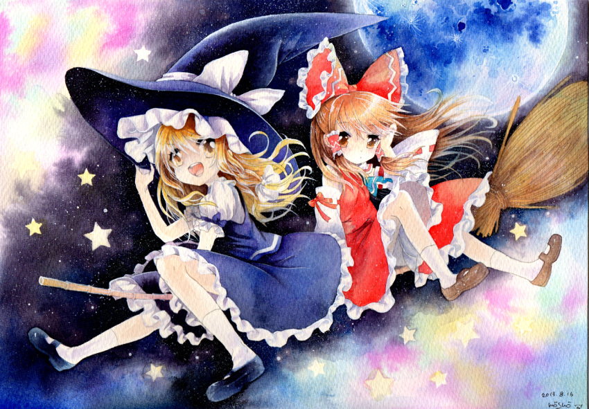 2girls bamboo_broom blonde_hair bow broom broom_riding brown_eyes brown_hair color_ink_(medium) detached_sleeves full_moon hair_bow hair_tubes hakurei_reimu hand_in_hair hand_on_hat hat hat_bow kirisame_marisa long_sleeves looking_at_viewer moon mosho multiple_girls open_mouth puffy_sleeves shirt short_sleeves signature skirt skirt_set smile star touhou traditional_media vest watercolor_(medium) wide_sleeves witch witch_hat yellow_eyes