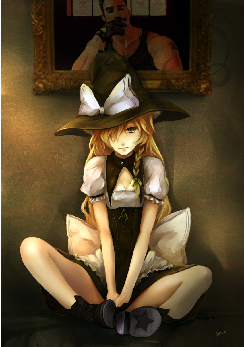 1girl apron artist_name bare_legs billy_herrington blonde_hair boots bow braid breasts cleavage cleavage_cutout cross-laced_footwear expressionless gloves gracehoo hair_bow hair_over_one_eye hat hat_ribbon highres indian_style kirisame_marisa looking_at_viewer painting_(object) puffy_short_sleeves puffy_sleeves ribbon shadow short_sleeves single_braid sitting skirt skirt_hold skirt_set sleeveless sleeveless_shirt smoking solo star tattoo touhou waist_apron witch_hat yellow_eyes