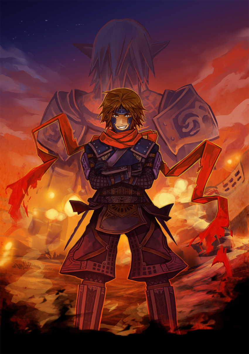 2boys armor brown_hair buront clouds dark elf elvaan final_fantasy final_fantasy_xi grin highres hume katana kitanai_ninja mask mozuyun multiple_boys ninja pointy_ears scarf short_hair smile sword the_iron_of_yin_and_yang touhou weapon