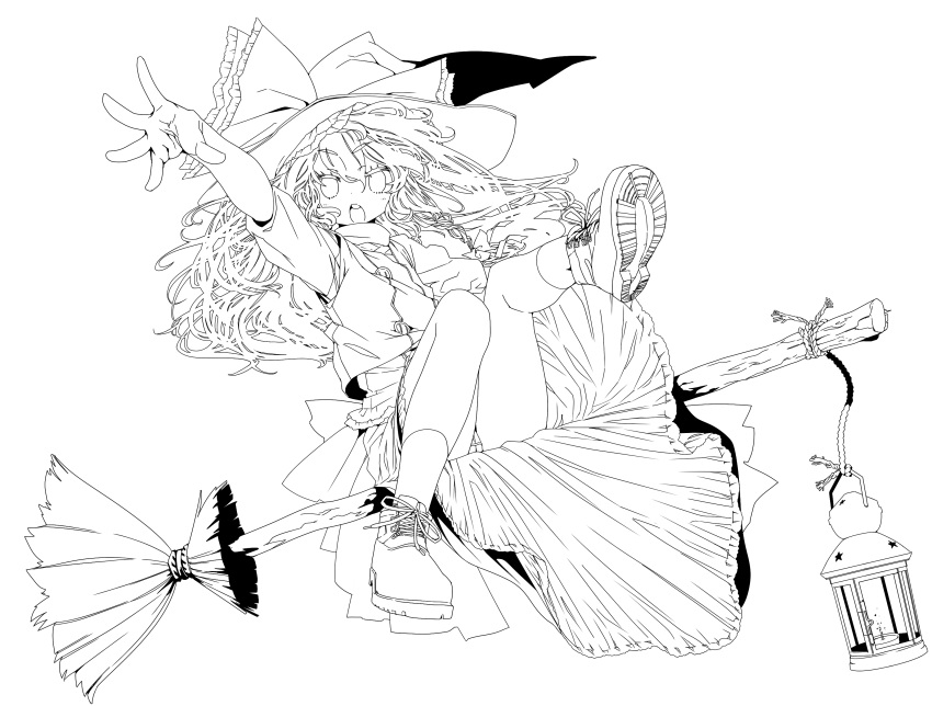 1girl absurdres bow braid broom hat hat_bow highres kirisame_marisa kishi_kaisei lantern lineart long_hair monochrome open_mouth outstretched_hand panties pantyshot ribbon socks solo touhou underwear witch_hat