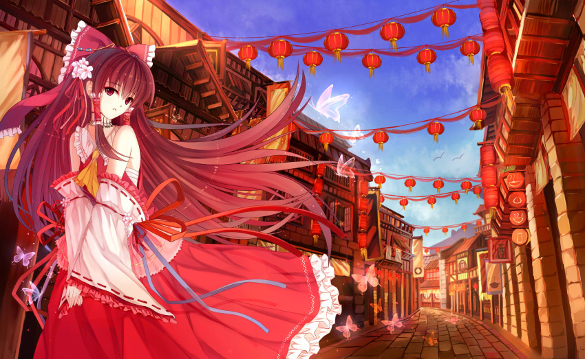 1girl ascot bai_kongque bare_shoulders blue_sky bow brown_hair butterfly choker detached_sleeves east_asian_architecture flower hair_bow hair_flower hair_ornament hair_tubes hakurei_reimu hands_together head_tilt highres lantern long_hair looking_at_viewer outdoors parted_lips red_eyes ribbon road sarashi sky solo street touhou town v_arms very_long_hair