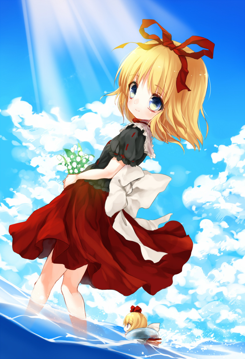 1girl blonde_hair blue_eyes clouds dqn_(dqnww) floater floating flower hair_ornament hair_ribbon highres holding holding_flower light lily_of_the_valley looking_at_viewer medicine_melancholy puffy_sleeves ribbon shirt short_hair short_sleeves skirt sky smile solo su-san swimming touhou water