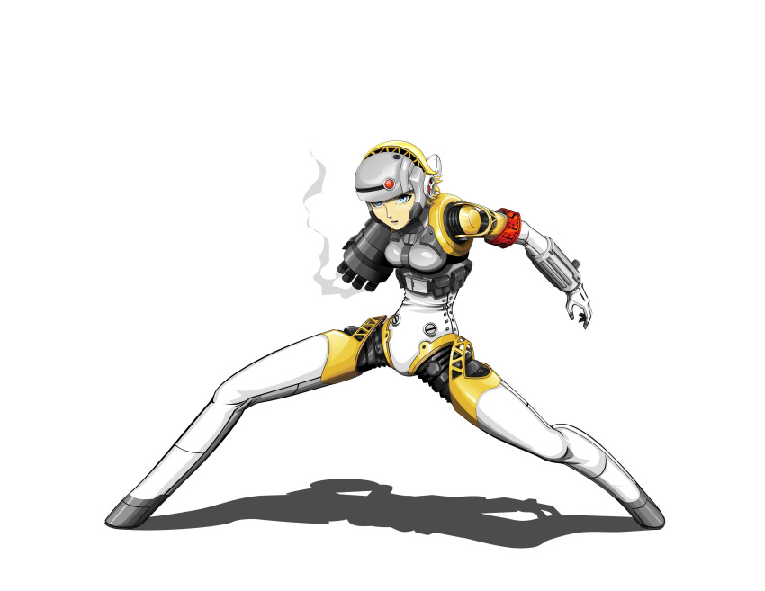 1girl absurdres aegis android armband blonde_hair blue_eyes fighting_stance forehead_protector gatling_gun gun helmet highres jtsubconscious8 persona persona_3 robot_joints short_hair small_breasts smoke smoking_gun solo weapon