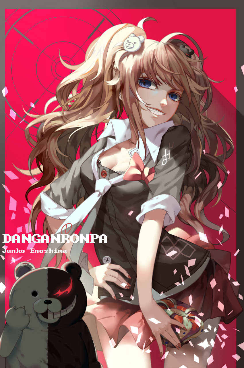 1girl blue_eyes bow breasts character_name cleavage collarbone copyright_name crown dangan_ronpa enoshima_junko grin hair_ornament highres kogal lightofheaven long_hair monokuma necktie pink_hair skirt sleeves_rolled_up smile twintails