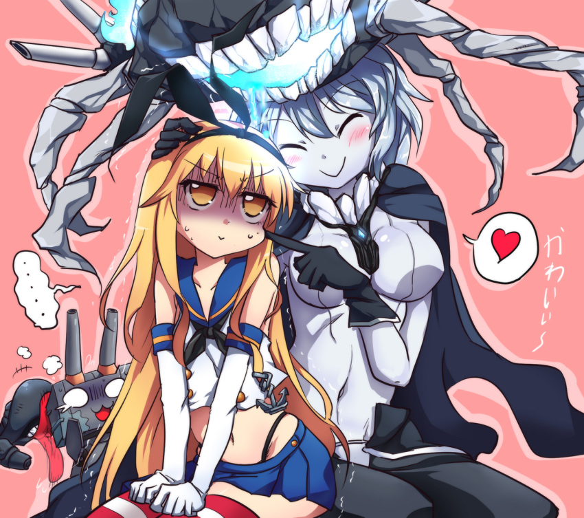 ... 2girls :&gt; anchor blonde_hair bodysuit elbow_gloves gloves hair_ornament heart highres kantai_collection long_hair monster multiple_girls pale_skin personification rayno rensouhou-chan shimakaze_(kantai_collection) shinkaisei-kan speech_bubble striped striped_legwear sweatdrop thighhighs wo-class_(kantai_collection) yellow_eyes