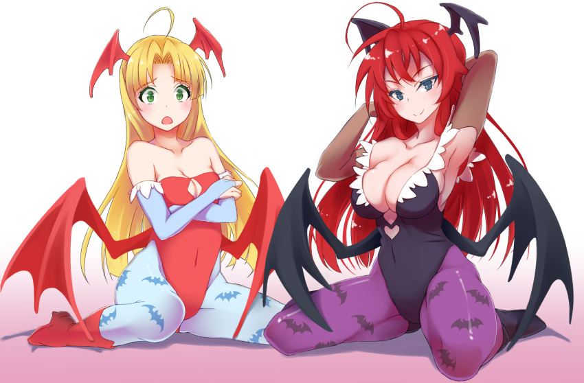 2girls ahoge armpits asia_argento black_eyes blonde_hair breasts cleavage green_eyes head_wings high_school_dxd highres lilith_aensland lilith_aensland_(cosplay) long_hair morrigan_aensland morrigan_aensland_(cosplay) multiple_girls redhead rias_gremory sitting smile touryou vampire_(game) wariza wings