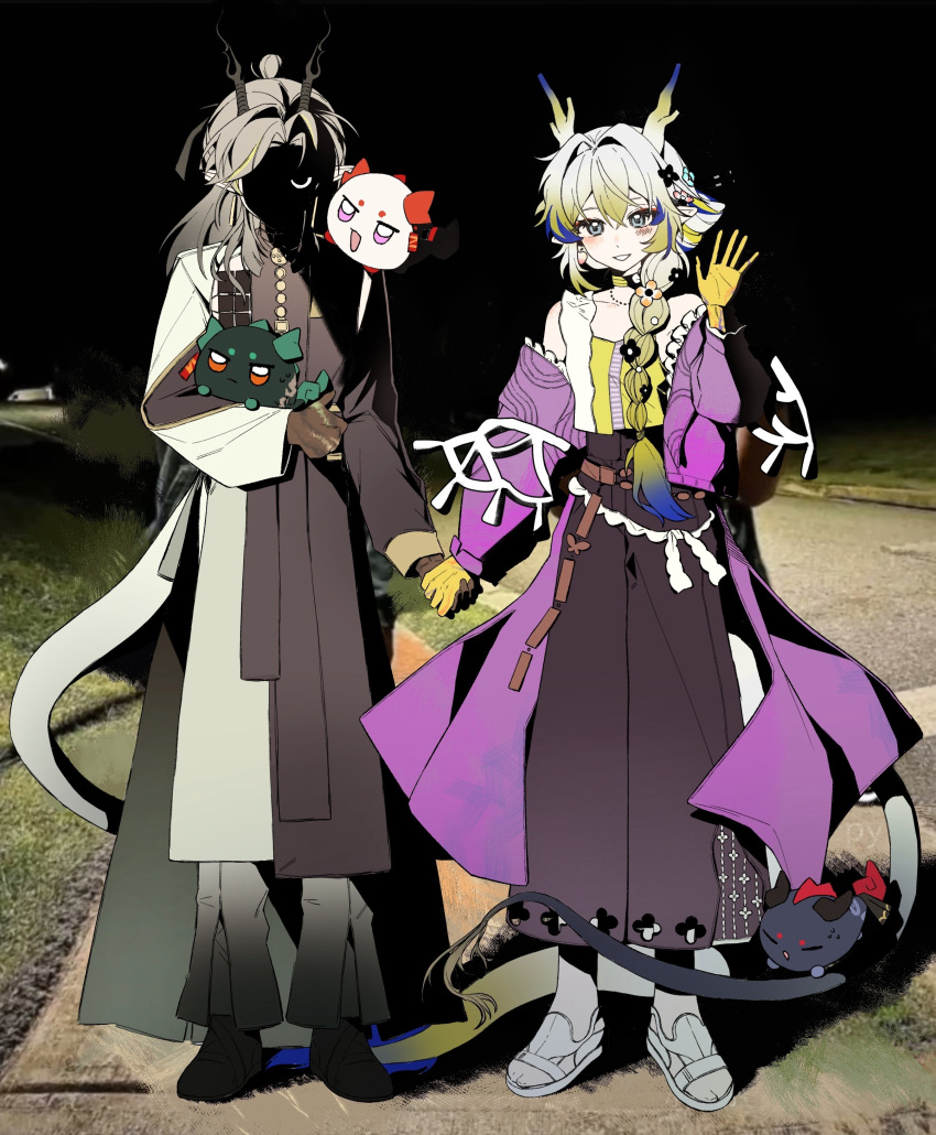 1boy 1girl :d absurdres annotated antlers arknights bare_shoulders blonde_hair blue_eyes blush braid brown_hair brown_pants brown_robe chinese_commentary choker coat colored_extremities commentary_request dragon_bubble_(arknights) dragon_girl dragon_horns dragon_tail dusk_(arknights) earrings flower frills full_body grey_hair hair_between_eyes hair_flower hair_intakes hair_ornament high_contrast highres holding_hands horns jewelry ji_(arknights) long_hair long_sleeves meme multicolored_hair nian_(arknights) night official_alternate_costume outdoors pants pink_coat purple_hair robe shaded_face shu_(arknights) shu_(spring_feast)_(arknights) smile standing streaked_hair tail waving why_dis_ninja_look_so_mad_(meme) ye_zhen yellow_choker yu_(arknights)