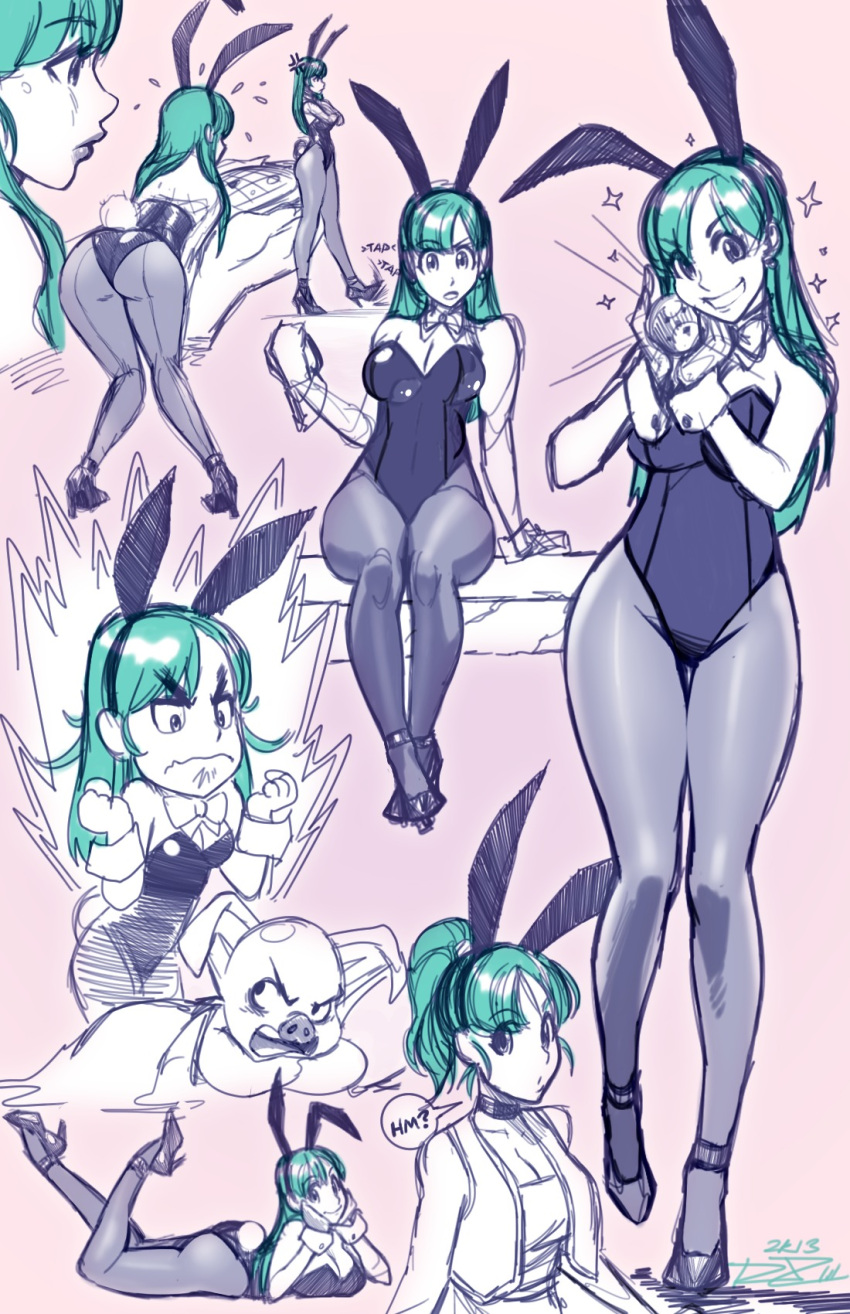 1girl anger_vein animal_ears ass black_legwear breasts bulma bunny_girl bunny_tail bunnysuit chibi choker cleavage dragon_ball dragon_ball_(object) green_hair grin hands_on_own_face high_heels highres long_hair on_stomach oolong pantyhose rabbit_ears robaato short_ponytail sitting sketch smile tail vest violet_eyes wrist_cuffs