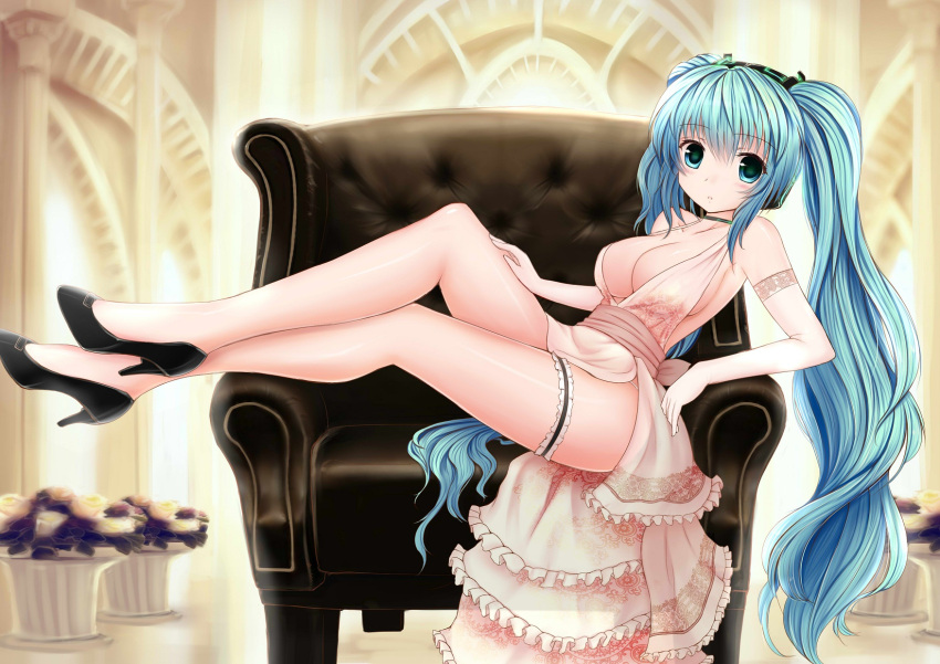 1girl aqua_eyes aqua_hair breasts cleavage couch crossed_legs dress elbow_gloves garters gloves hatsune_miku headphones high_heels highres large_breasts legs long_hair looking_at_viewer sitting solo twintails very_long_hair vocaloid zheyi_parker