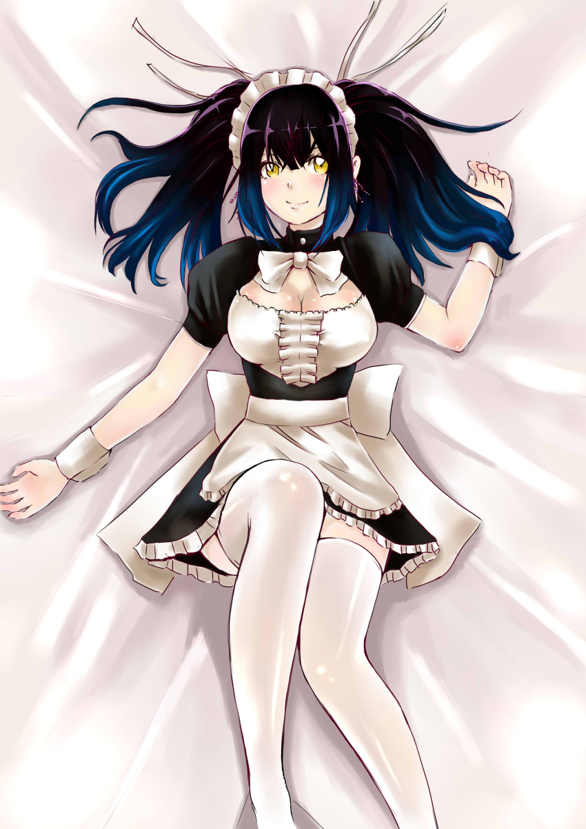 1girl absurdres apron black_hair blush breasts character_request cleavage cleavage_cutout dakimakura dress highres large_breasts long_hair maid maid_headdress mimo_(mimoii) on_back puffy_short_sleeves puffy_sleeves short_sleeves smile solo thighhighs twintails waist_apron white_legwear wrist_cuffs yellow_eyes