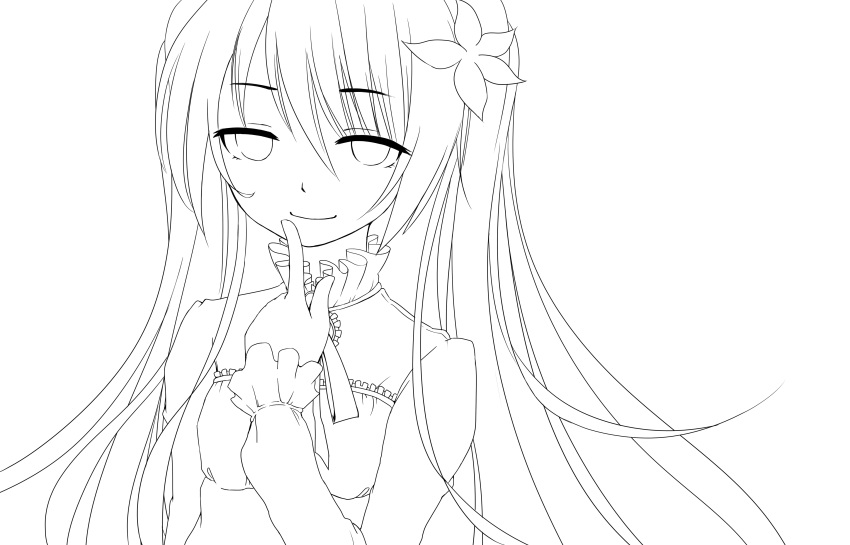 1girl absurdres finger_to_mouth hatsune_miku highres lineart long_hair mikoko_(mg2) monochrome smile solo twintails vocaloid