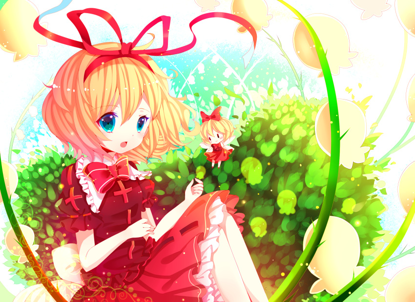 1girl blonde_hair blouse blue_eyes bow dress flower gradient gradient_background hair_bow hair_ribbon highres knees_up leaf leaf_background lily_of_the_valley looking_at_viewer medicine_melancholy moseley puffy_short_sleeves puffy_sleeves ribbon short_hair short_sleeves sitting skirt solo su-san touhou wings