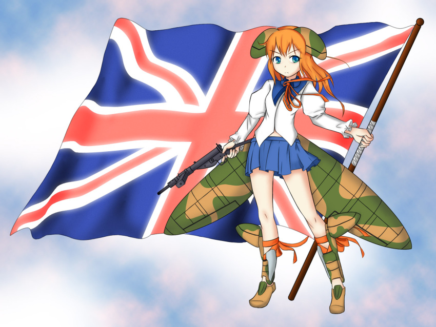 1girl flag gun highres long_hair moodycat orange_hair skirt solo union_jack weapon